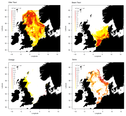 Figure 1. Fishing pressure intensities expressed as total swept area from 2010-2012 in grid cells of 1*1 minutes (or 1.9 km2) for four different gear groups: otter trawl, beam trawl, dredge and seine. Data from  Norwegian, Swedish, Danish, German, Dutch, Belgian, English and Scottish vessels in the North Sea. If a grid cell is fished 1 time in 3 years, then the total area swept is approximately 1.9 km2. A swept area of 51 km2 means that the grid cell is swept 27 times in 3 years.